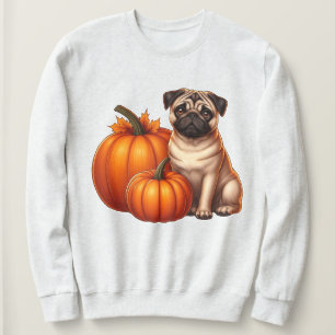 Adorable Pug Sitting Next to Pumpkins with Autumn Sweatshirt