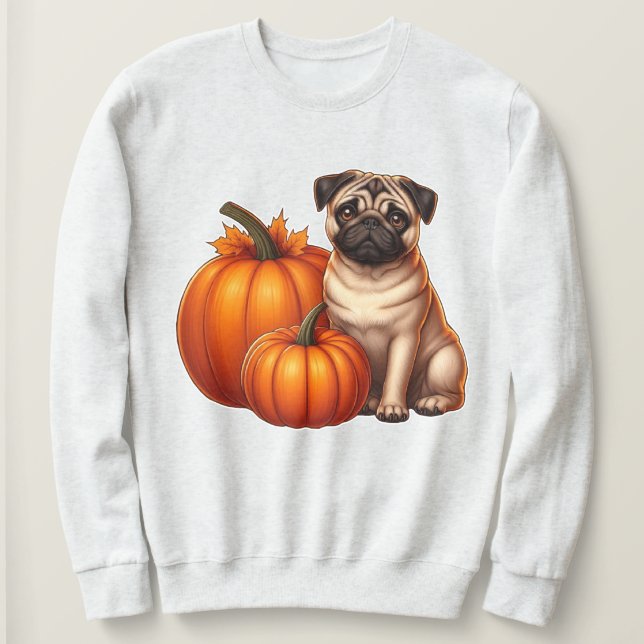 Adorable Pug Sitting Next to Pumpkins with Autumn  Sweatshirt (Design Front)