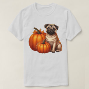 Adorable Pug Sitting Next to Pumpkins with Leaves T-Shirt