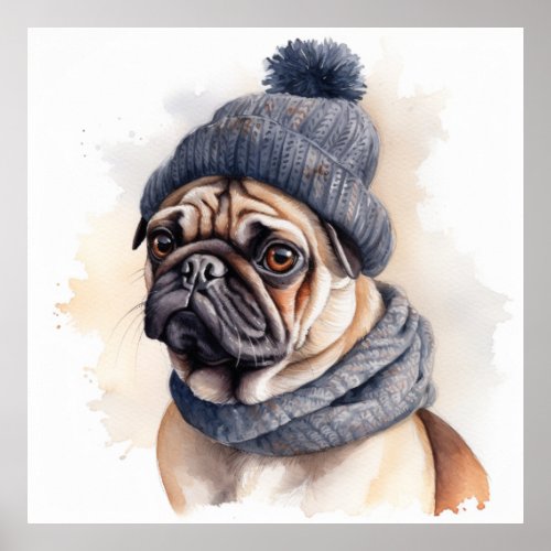 Adorable pug wearing beanie and scarf poster