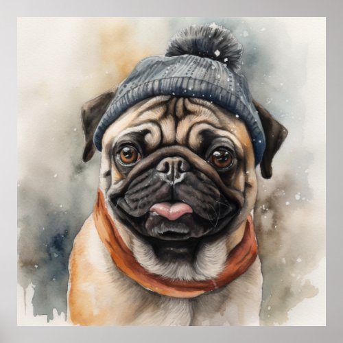 Adorable pug wearing cute beanie poster