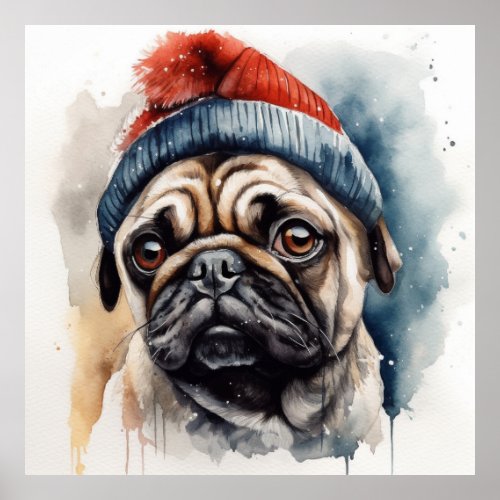 Adorable pug wearing cute winter hat  poster