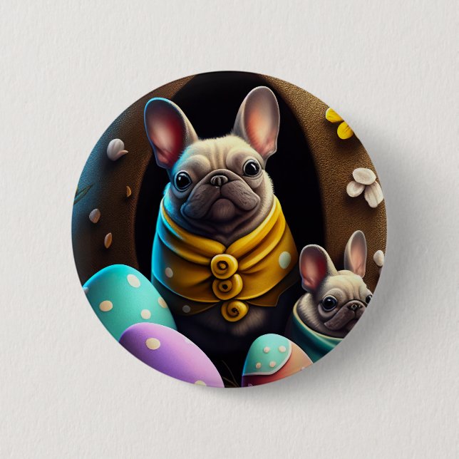 Adorable Pug with Easter Eggs A Festive and Cute Button (Front)