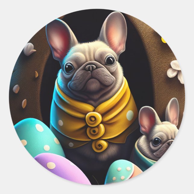 Adorable Pug with Easter Eggs A Festive and Cute Classic Round Sticker (Front)