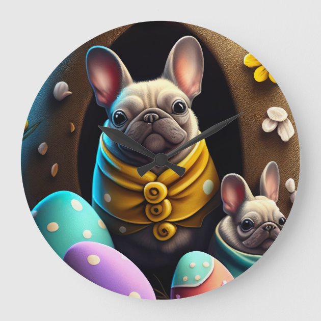 Adorable Pug with Easter Eggs A Festive and Cute Large Clock Zazzle