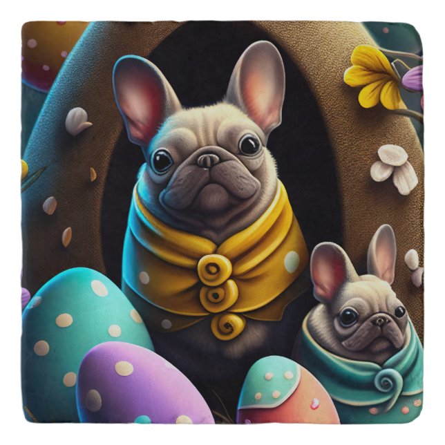Adorable Pug with Easter Eggs A Festive and Cute Trivet (Front)
