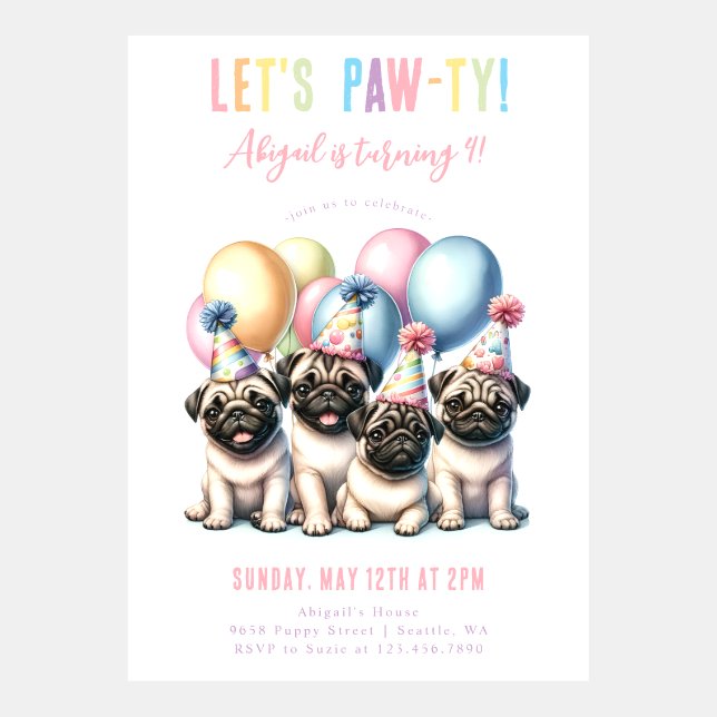Adorable Pugs and Balloons Birthday Invitation (Front)