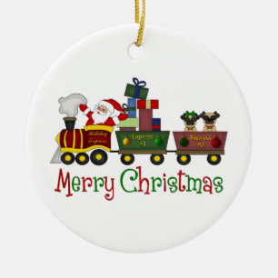 Adorable Pugs and Santa in Toy Train Tees, Gifts Ceramic Ornament