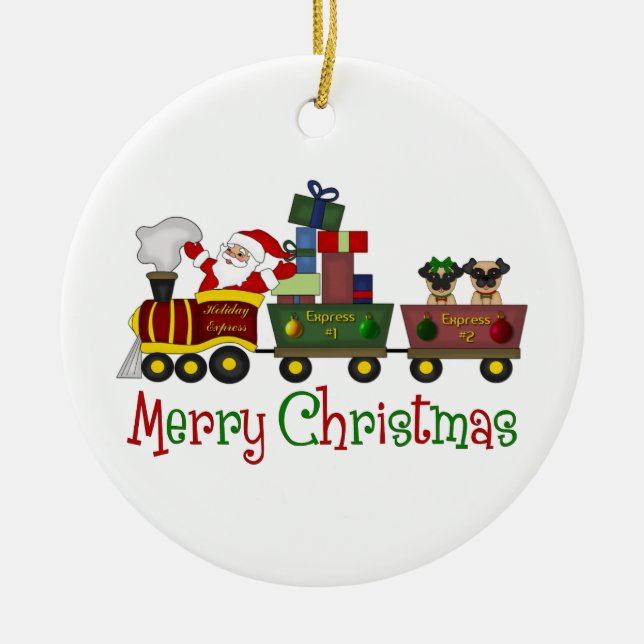 Adorable Pugs and Santa in Toy Train Tees, Gifts Ceramic Ornament (Front)