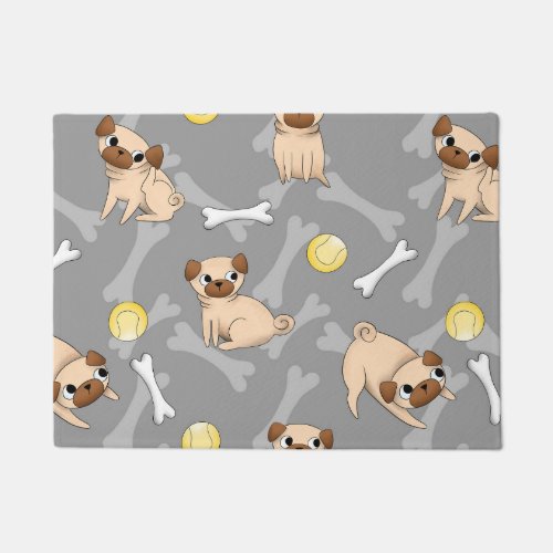 Adorable Pugs on Gray Background Doormat