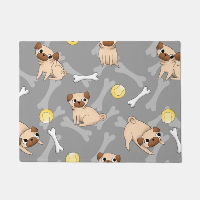 Adorable Pugs on Gray Background Doormat (Front)