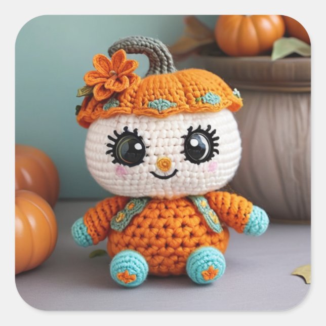 Adorable Pumpkin Crocheted Doll: Amigurumi Pastel Square Sticker (Front)