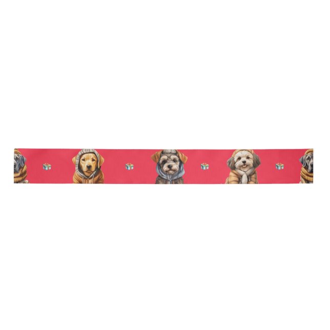 Adorable Puppies Christmas Holiday on Red Satin Ribbon (Front)