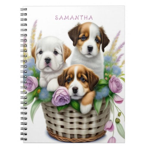Adorable Puppies in a Basket of Flowers  Notebook