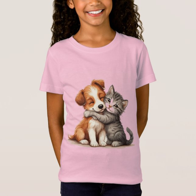 Adorable Puppy and Kitten Hugging with Warm Smiles T-Shirt (Front)