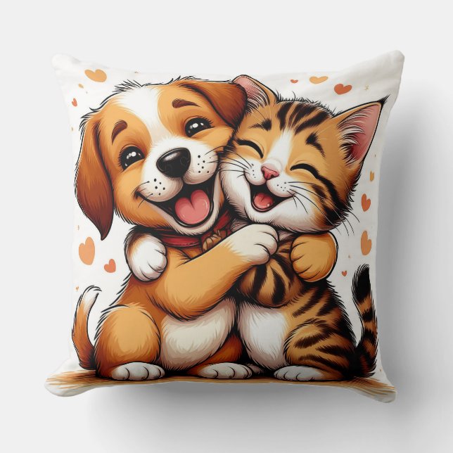 Adorable Puppy and Kitten Hugging with Warm Smiles Throw Pillow (Front)