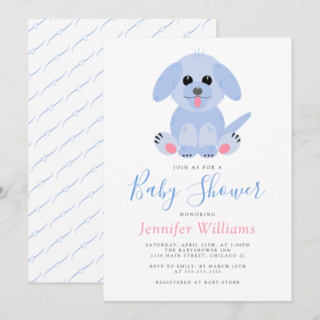 Adorable Puppy Blue Personalized Baby Boy Shower Invitation (Front/Back)