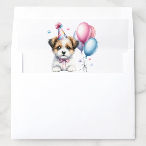 Adorable Puppy Dog in Party Hat Pink Tie Balloons Envelope Liner