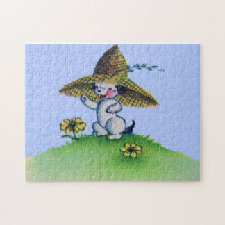 adorable puppy dog wearing big straw hat jigsaw puzzle