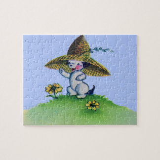 adorable puppy dog wearing big straw hat jigsaw puzzle