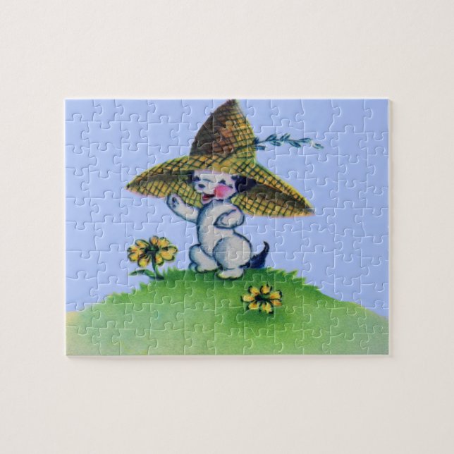 adorable puppy dog wearing big straw hat jigsaw puzzle (Horizontal)