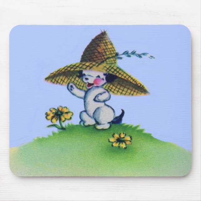 adorable puppy dog wearing big straw hat mouse pad (Front)