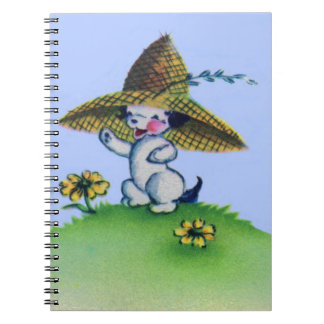 adorable puppy dog wearing big straw hat notebook