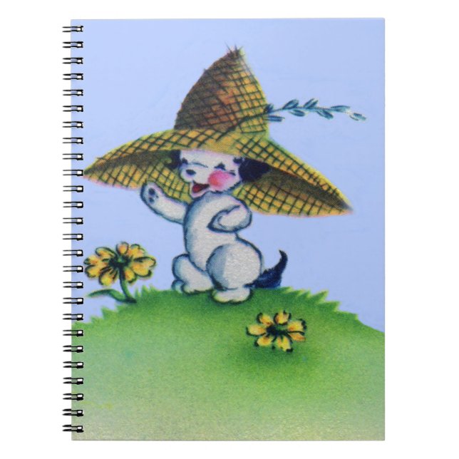 adorable puppy dog wearing big straw hat notebook (Front)
