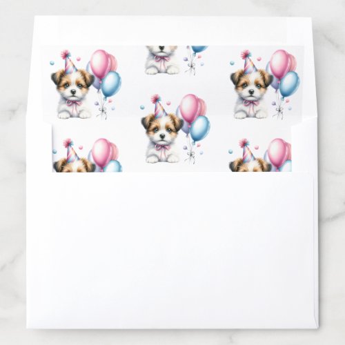 Adorable Puppy Dogs in Party Hat Pink Tie Balloons Envelope Liner