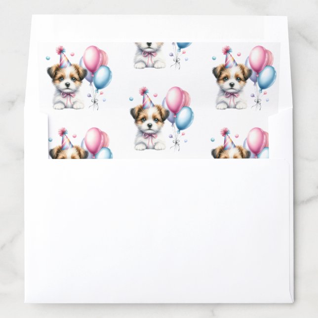 Adorable Puppy Dogs in Party Hat Pink Tie Balloons Envelope Liner (In Envelope)