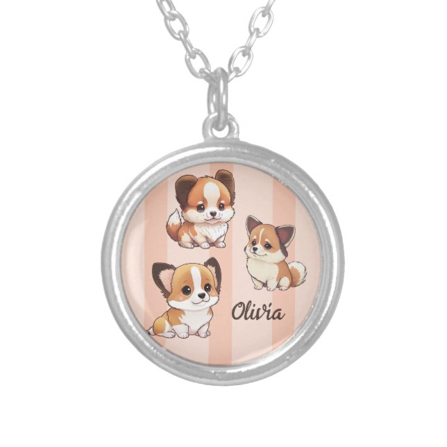 Adorable puppy dogs, silver plated necklace (Front)