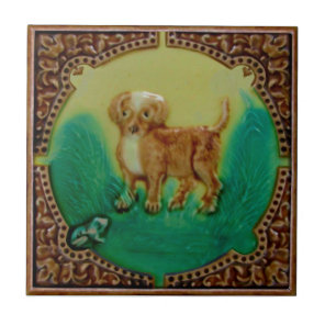 Adorable Puppy & Frog Antique Repro Faux Relief Ceramic Tile