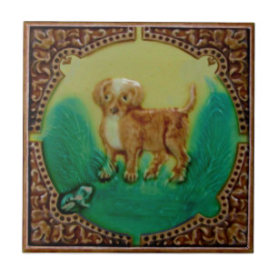 Adorable Puppy & Frog Antique Repro Faux Relief Ceramic Tile