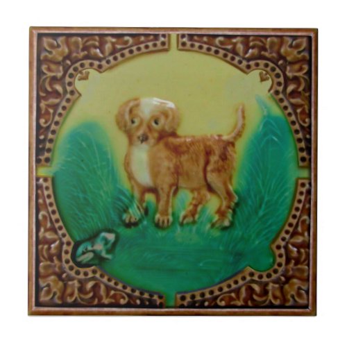 Adorable Puppy  Frog Antique Repro Faux Relief Ceramic Tile
