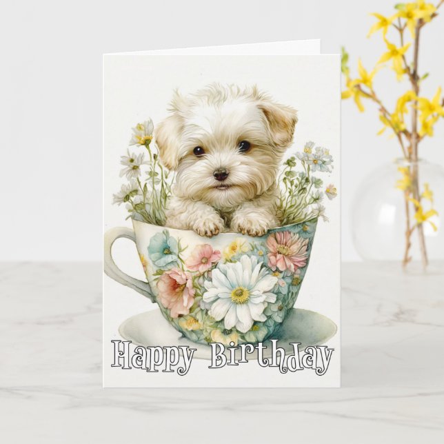 Adorable Puppy In A Tea Cup Card (Yellow Flower)