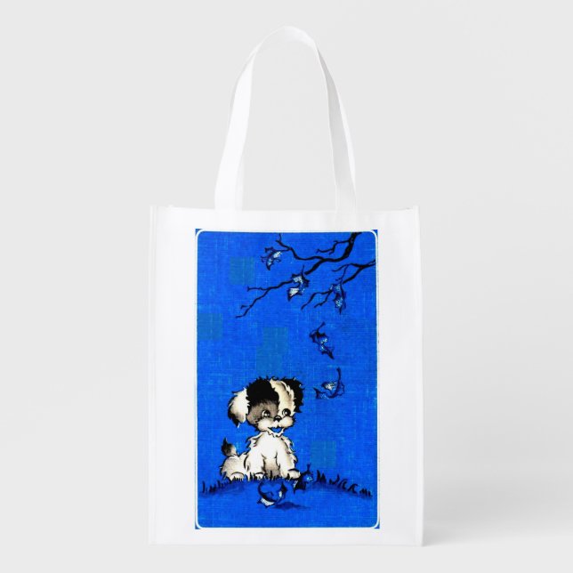 adorable puppy in autumn print reusable grocery bag (Front)