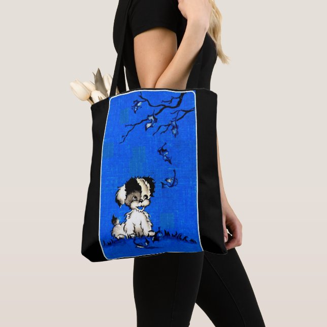 adorable puppy in autumn print tote bag (Close Up)