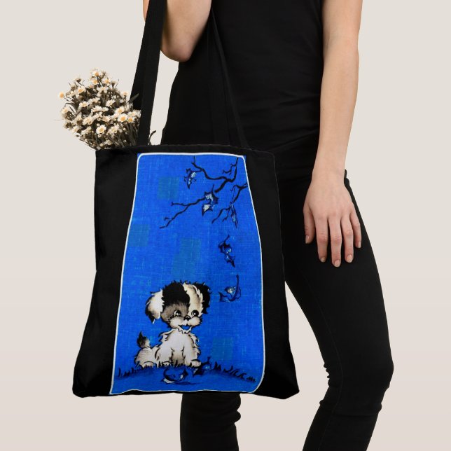 adorable puppy in autumn print tote bag (Close Up)