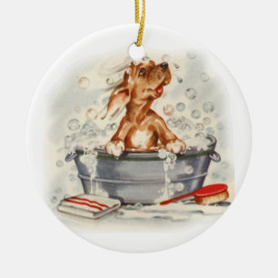 Adorable puppy in bath ceramic ornament