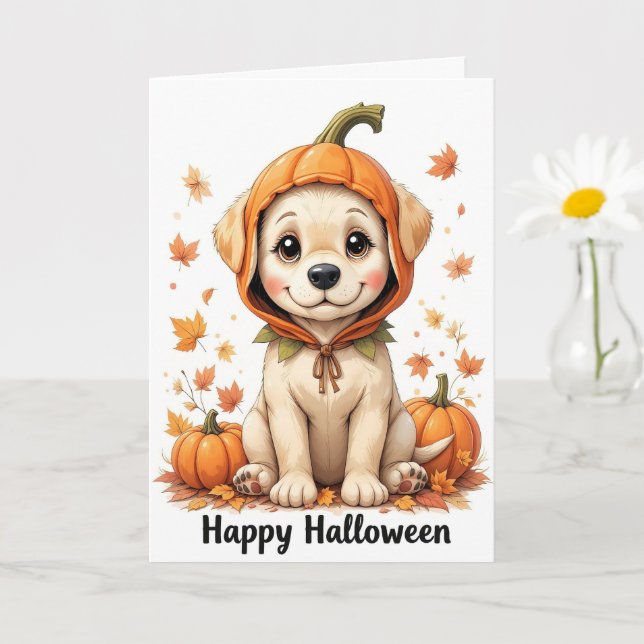 Adorable Puppy in Pumpkin Halloween Sweet Fall Dog Card (Small Plant)