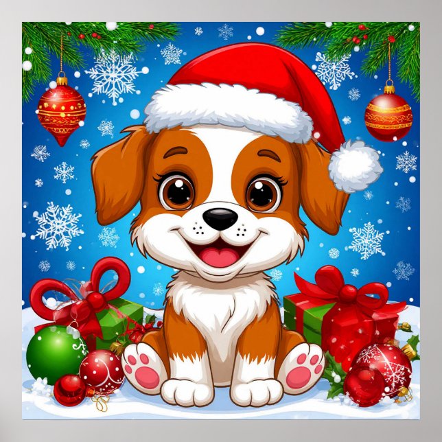 Adorable Puppy in Santa Hat With Christmas Gifts Poster (Front)