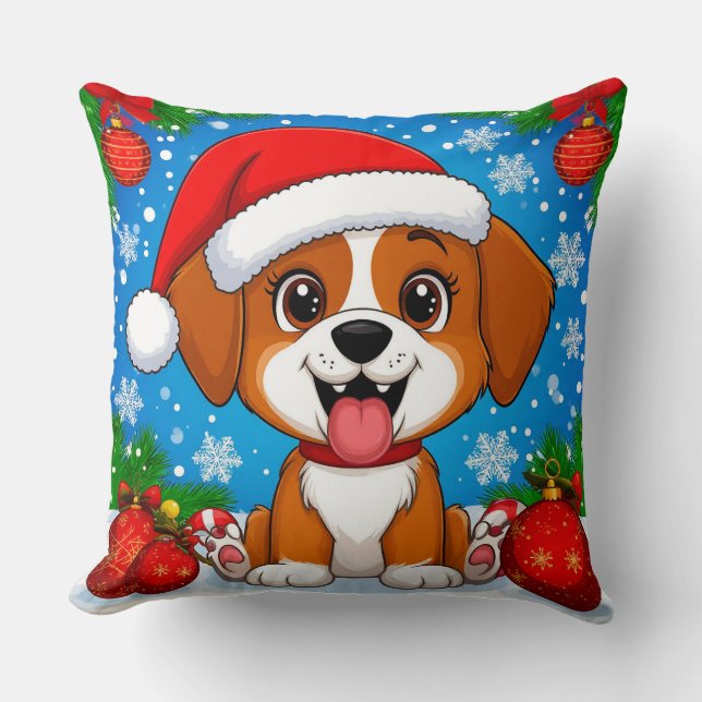 Adorable Puppy in Santa Hat With Christmas Gifts Throw Pillow (Front)