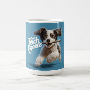 Adorable Puppy Mid-Air Running with a Stick Coffee Mug