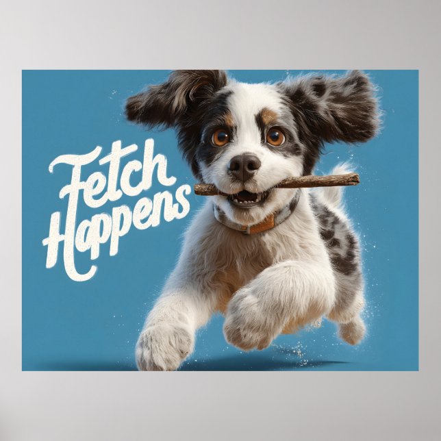 Adorable Puppy Mid-Air Running with a Stick Poster (Front)