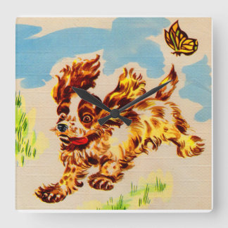 adorable puppy on the run square wall clock