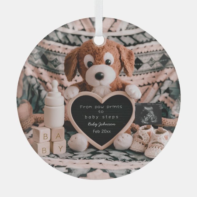 Adorable puppy plushy pregnancy announcement  glass ornament (Front)
