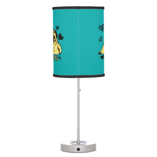 Adorable Puppy Pug on teal with hearts Table Lamp (Back)