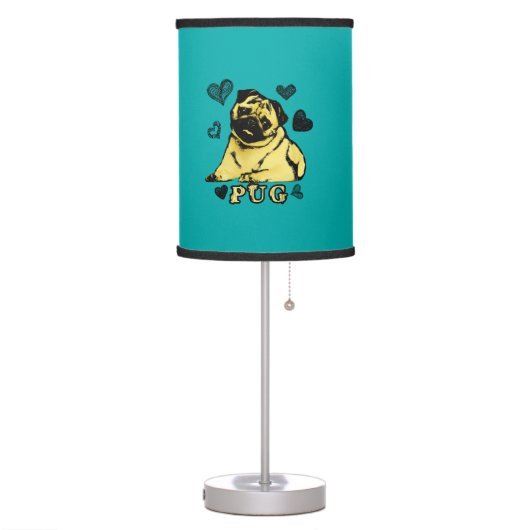 Adorable Puppy Pug on teal with hearts Table Lamp (Left)