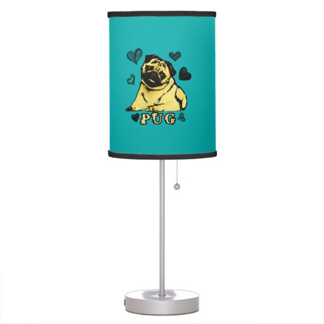 Adorable Puppy Pug on teal with hearts Table Lamp (Left)