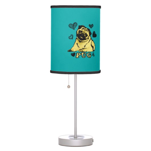 Adorable Puppy Pug on teal with hearts Table Lamp (Right)